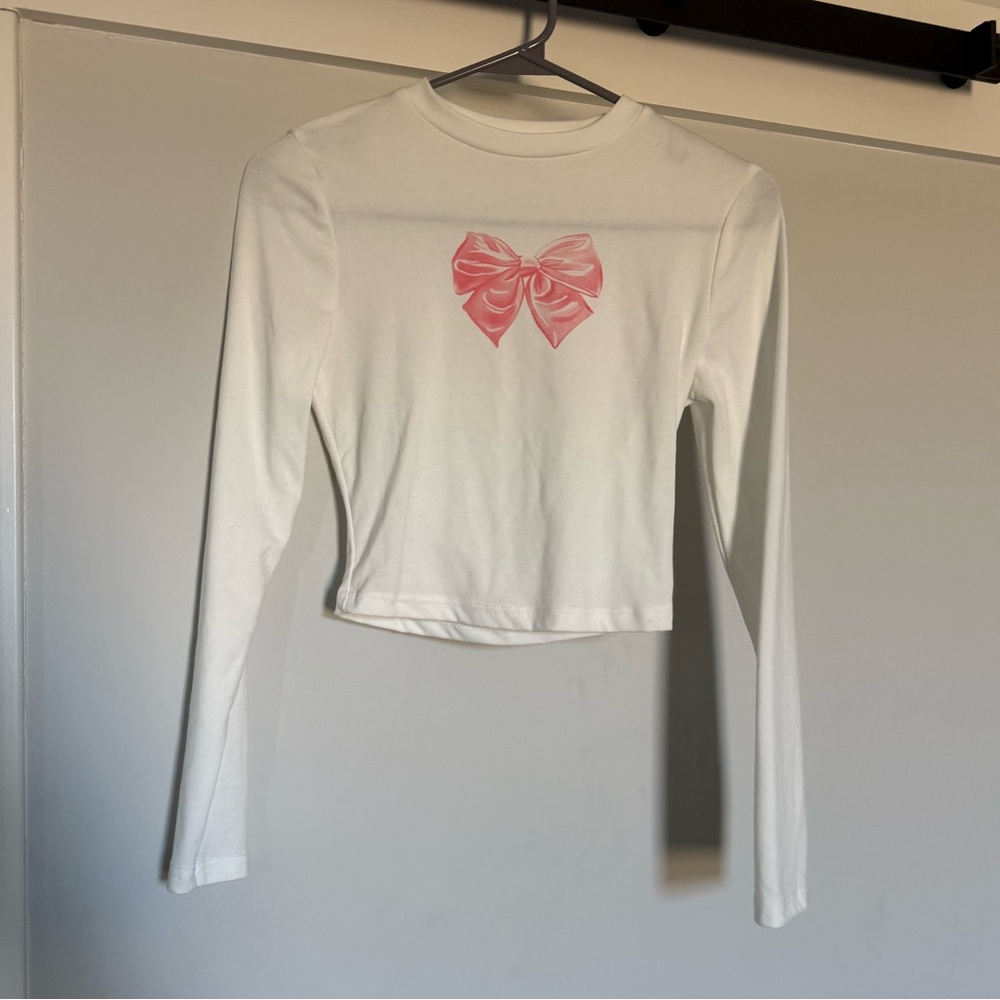 White Long Sleeve Top with Pink Bow